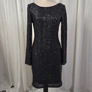 VTG Aidan Mattox Black Sequin Cocktail Dress Party Evening Long Sleeve Size 10